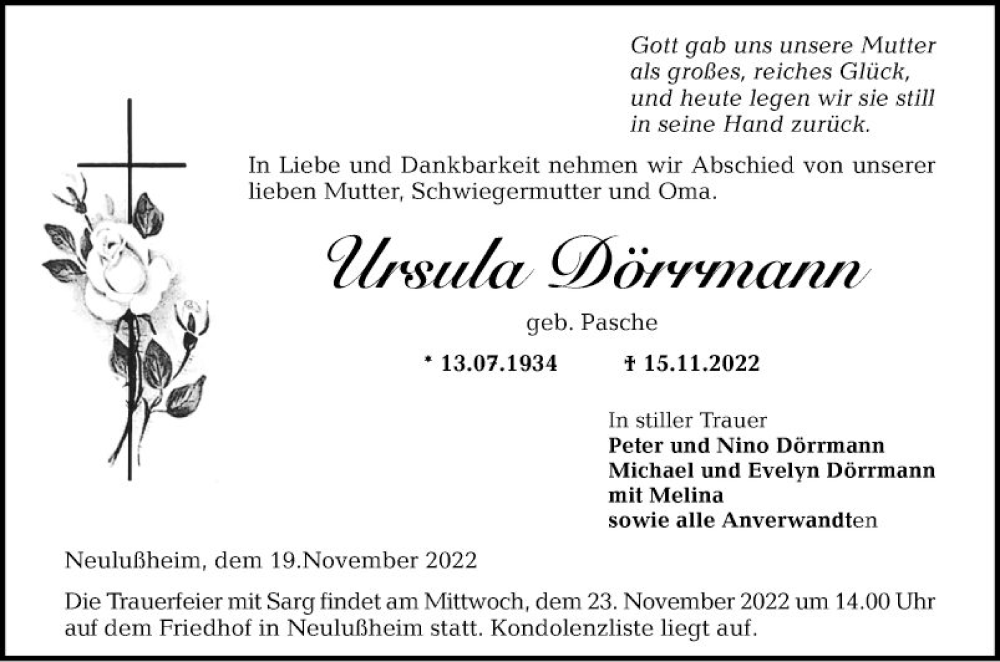  Traueranzeige für Ursula Dörrmann vom 19.11.2022 aus Schwetzinger Zeitung