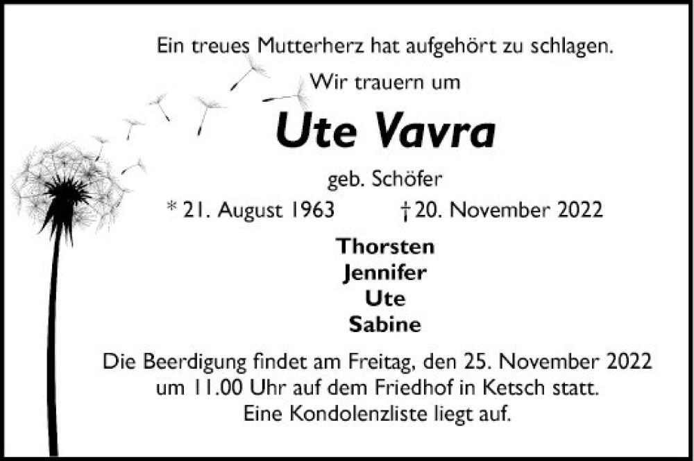  Traueranzeige für Ute Vavra vom 24.11.2022 aus Schwetzinger Zeitung