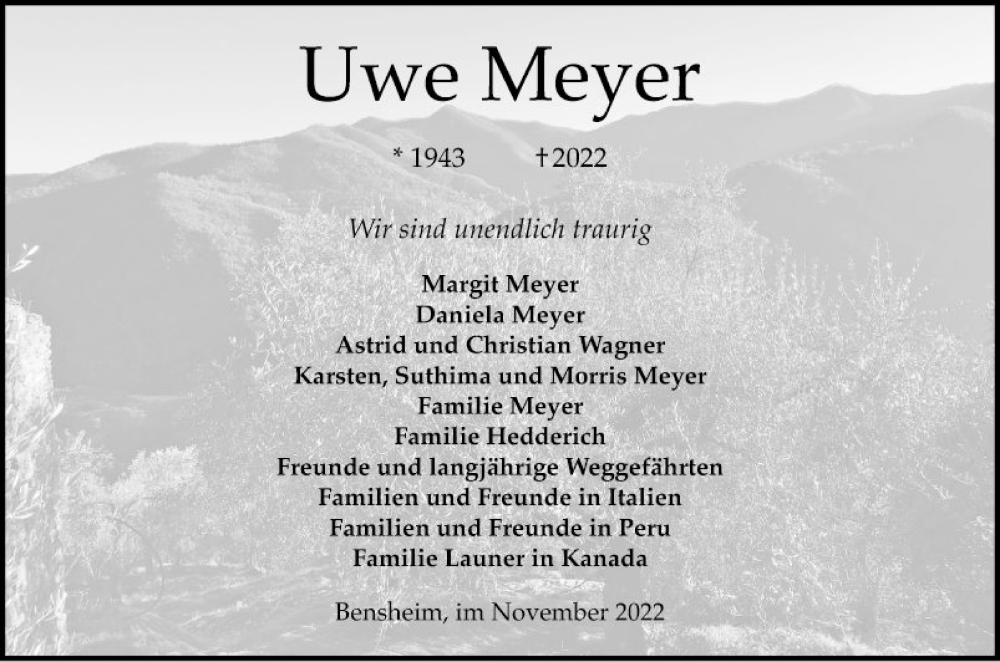  Traueranzeige für Uwe Meyer vom 26.11.2022 aus Bergsträßer Anzeiger