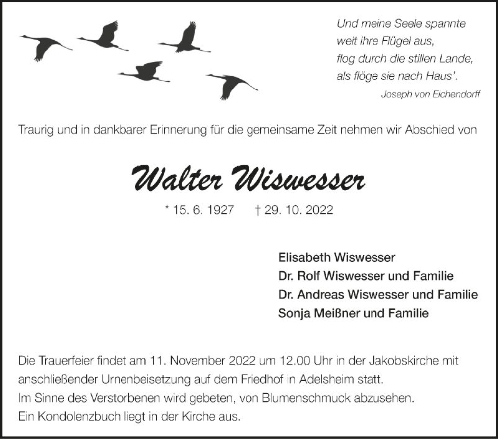  Traueranzeige für Walter Wiswesser vom 05.11.2022 aus Fränkische Nachrichten