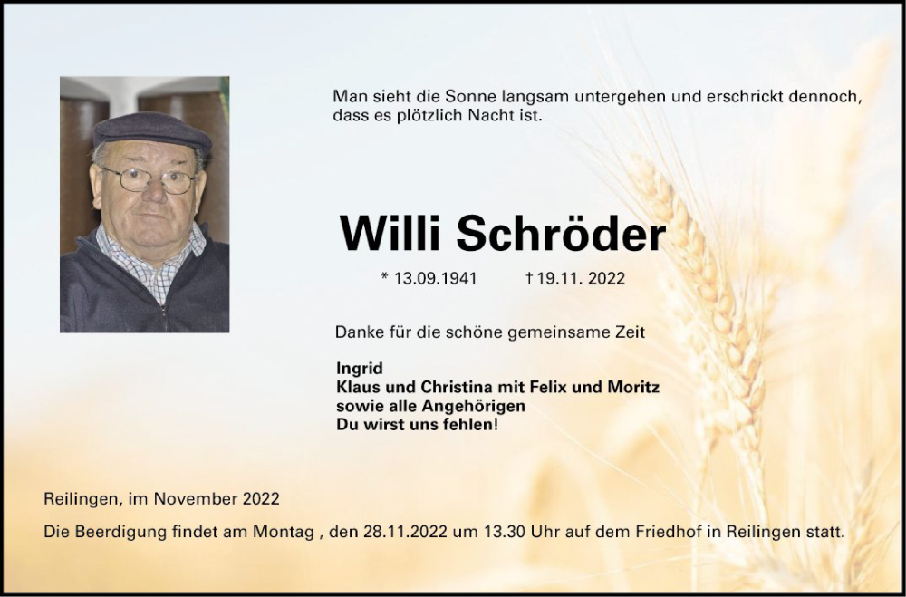  Traueranzeige für Willi Schröder vom 25.11.2022 aus Schwetzinger Zeitung