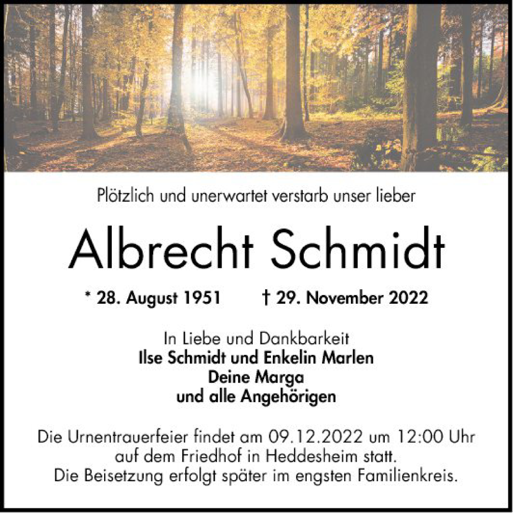  Traueranzeige für Albrecht Schmidt vom 03.12.2022 aus Mannheimer Morgen