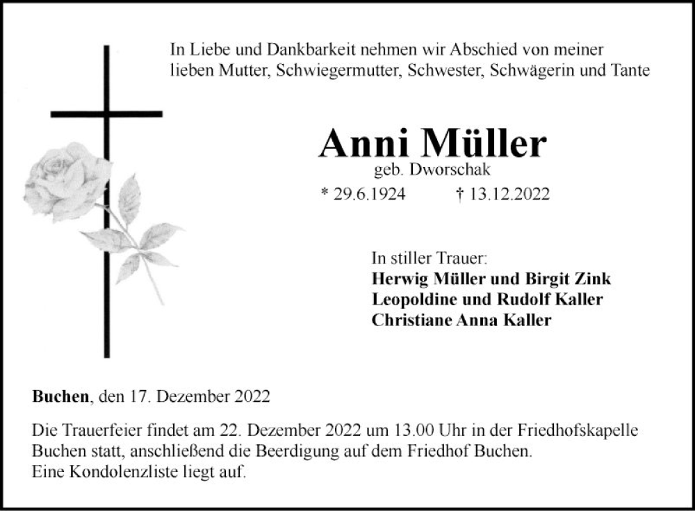  Traueranzeige für Anni Müller vom 17.12.2022 aus Fränkische Nachrichten