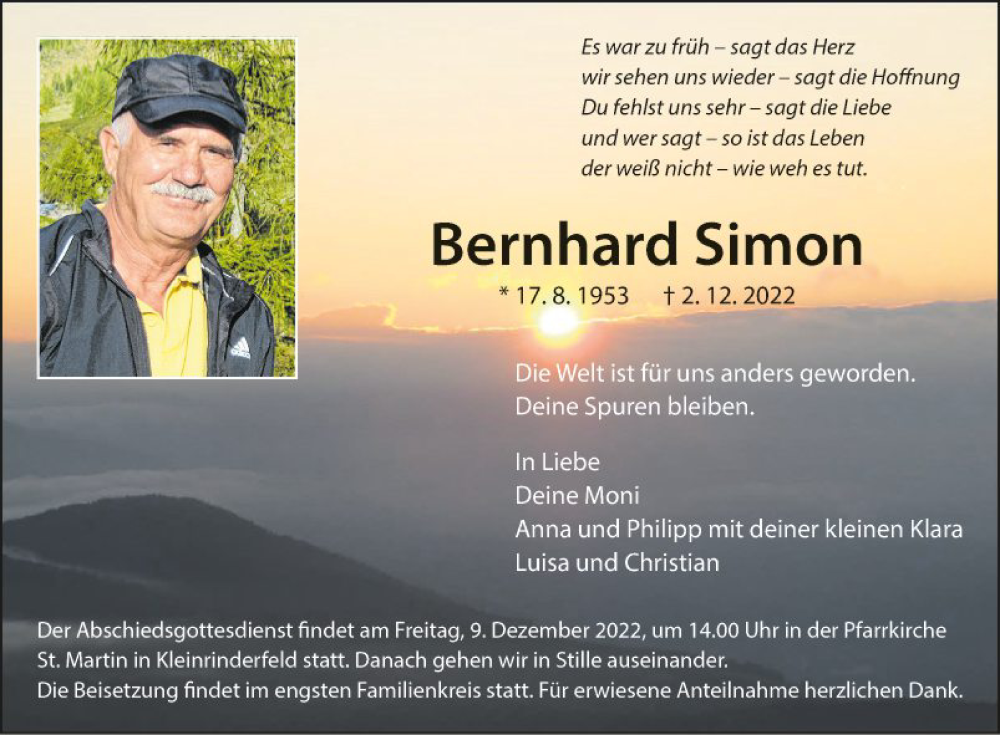  Traueranzeige für Bernhard Simon vom 07.12.2022 aus Fränkische Nachrichten