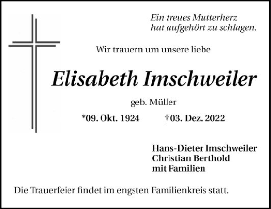 Traueranzeige von Elisabeth Imschweiler von Mannheimer Morgen