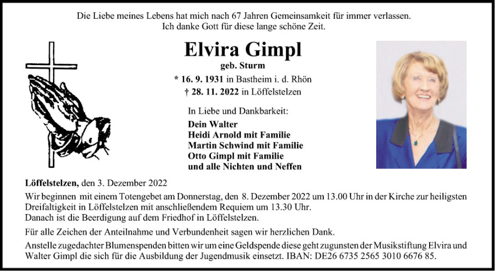  Traueranzeige für Elvira Gimpl vom 03.12.2022 aus Fränkische Nachrichten