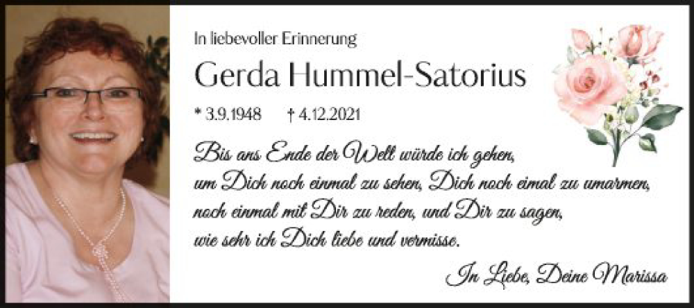  Traueranzeige für Gerda Hummel-Satorius vom 03.12.2022 aus Mannheimer Morgen