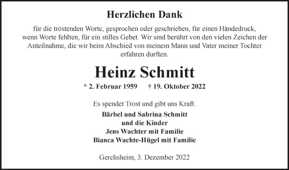  Traueranzeige für Heinz Schmitt vom 03.12.2022 aus Fränkische Nachrichten