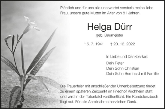 Traueranzeige von Helga Dürr von Fränkische Nachrichten