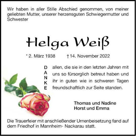 Traueranzeige von Helga Weiß von Mannheimer Morgen