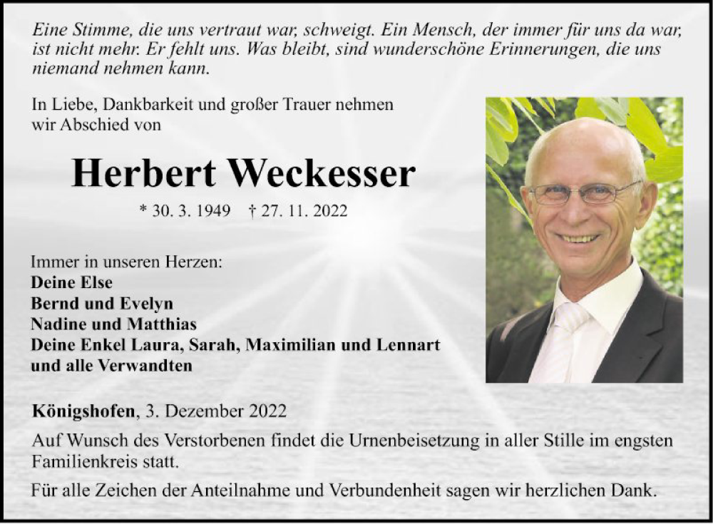  Traueranzeige für Herbert Weckesser vom 03.12.2022 aus Fränkische Nachrichten