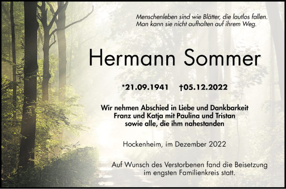  Traueranzeige für Hermann Sommer vom 17.12.2022 aus Schwetzinger Zeitung