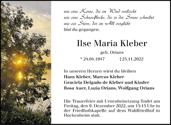 Traueranzeige von Ilse Maria Kleber von Schwetzinger Zeitung