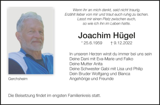 Traueranzeige von Joachim Hügel von Fränkische Nachrichten