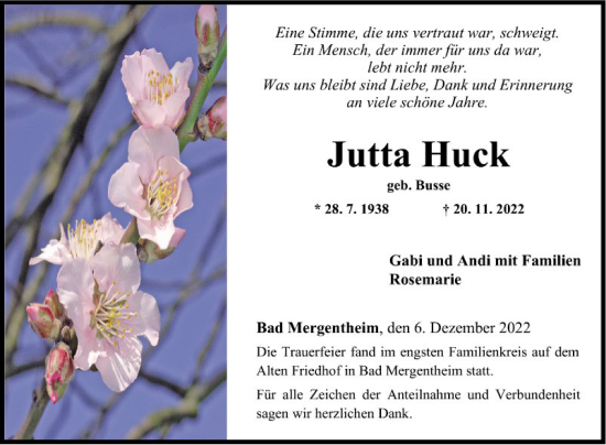 Traueranzeige von Jutta Huck von Fränkische Nachrichten