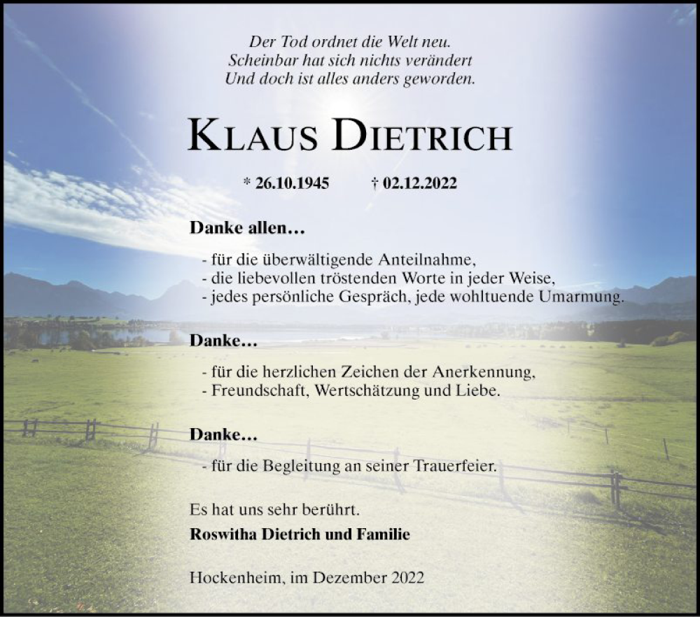  Traueranzeige für Klaus Dietrich vom 17.12.2022 aus Schwetzinger Zeitung