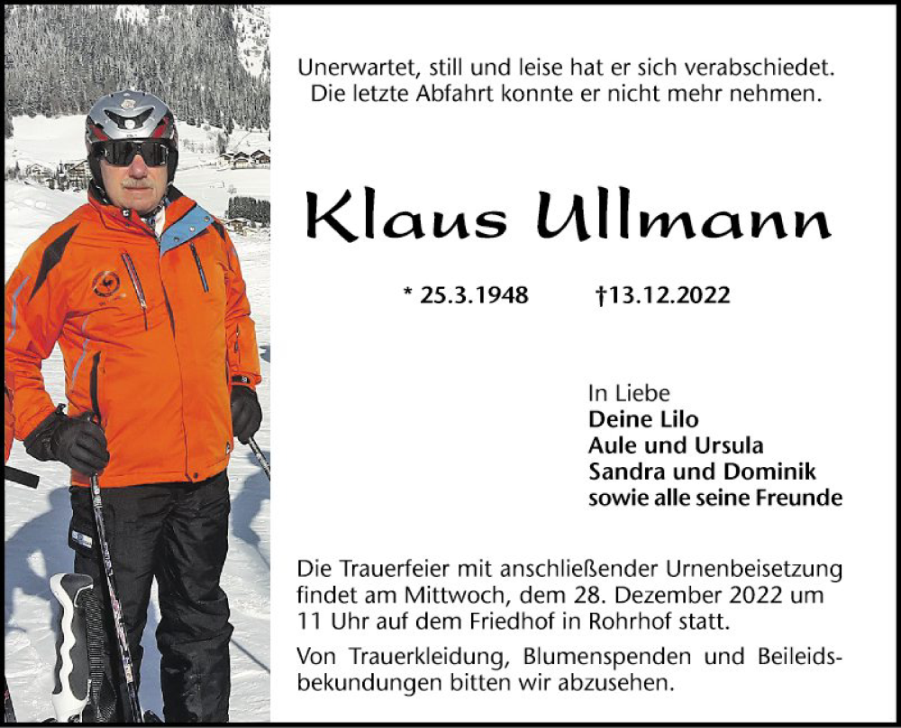  Traueranzeige für Klaus Ullmann vom 23.12.2022 aus Schwetzinger Zeitung