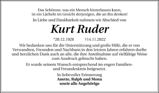 Traueranzeige von Kurt Ruder von Schwetzinger Zeitung
