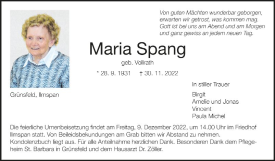 Traueranzeige von Maria Spang von Fränkische Nachrichten