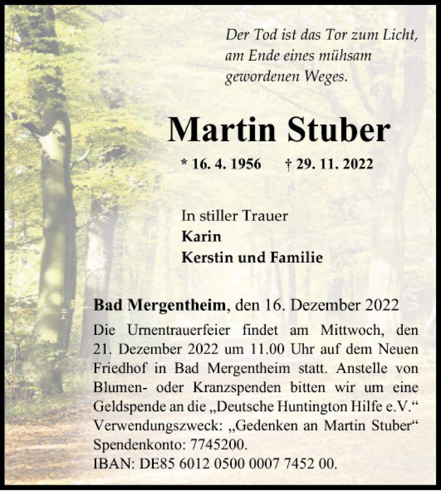  Traueranzeige für Martin Stuber vom 16.12.2022 aus Fränkische Nachrichten