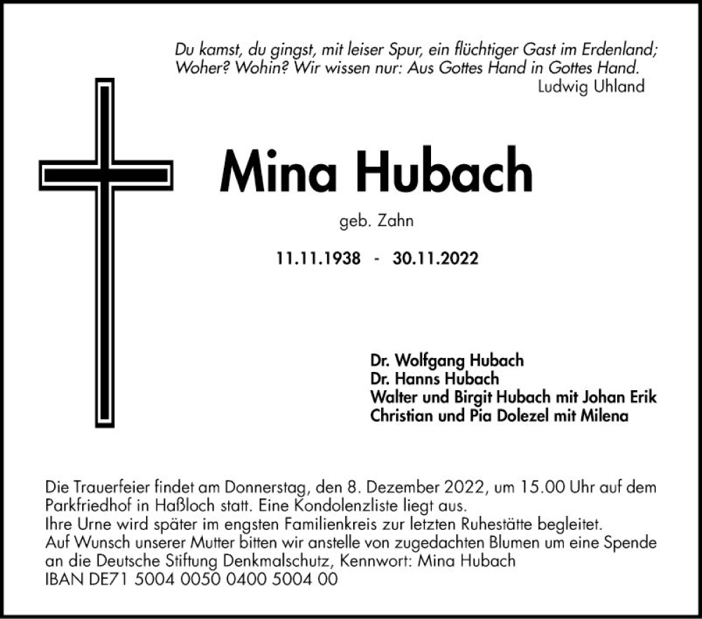  Traueranzeige für Mina Hubach vom 06.12.2022 aus Schwetzinger Zeitung