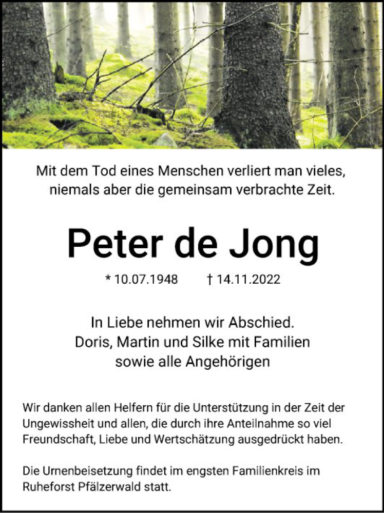  Traueranzeige für Peter de Jong vom 03.12.2022 aus Mannheimer Morgen