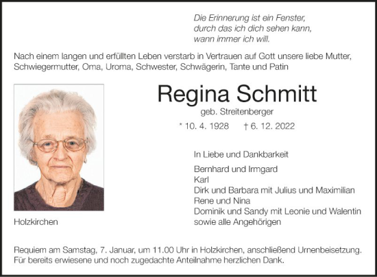 Traueranzeige von Regina Schmitt von Fränkische Nachrichten