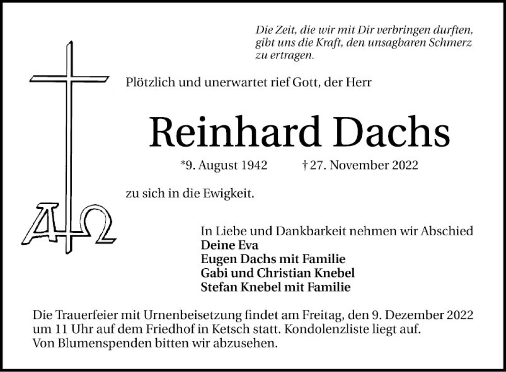  Traueranzeige für Reinhard Dachs vom 06.12.2022 aus Schwetzinger Zeitung