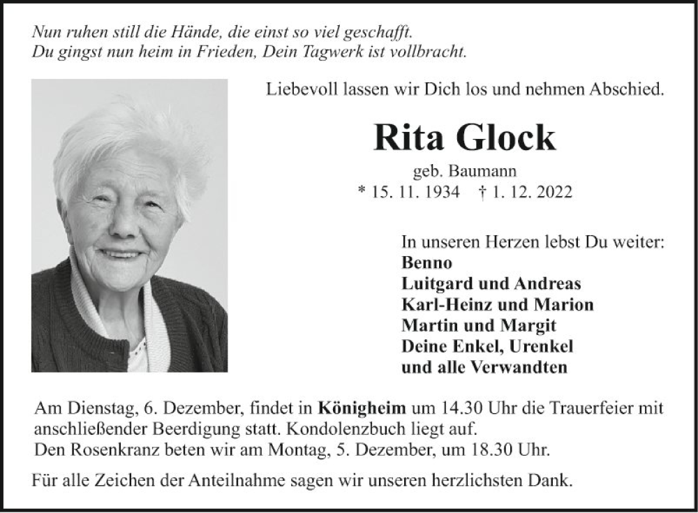  Traueranzeige für Rita Glock vom 03.12.2022 aus Fränkische Nachrichten