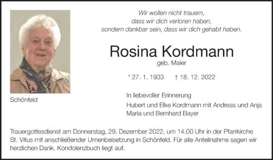 Traueranzeige von Rosina Kordmann von Fränkische Nachrichten