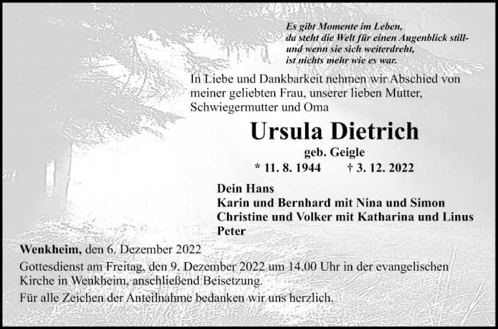  Traueranzeige für Ursula Dietrich vom 06.12.2022 aus Fränkische Nachrichten