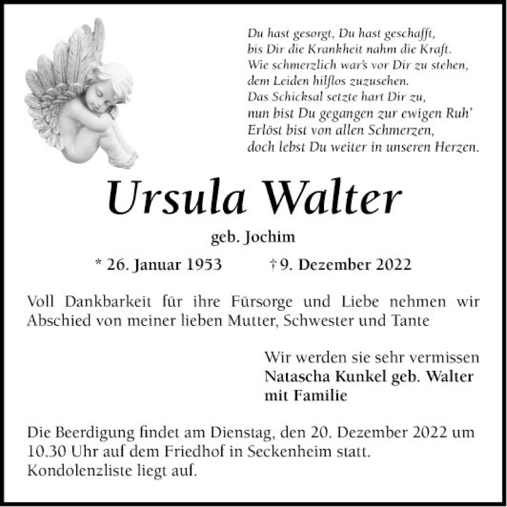  Traueranzeige für Ursula Walter vom 15.12.2022 aus Mannheimer Morgen