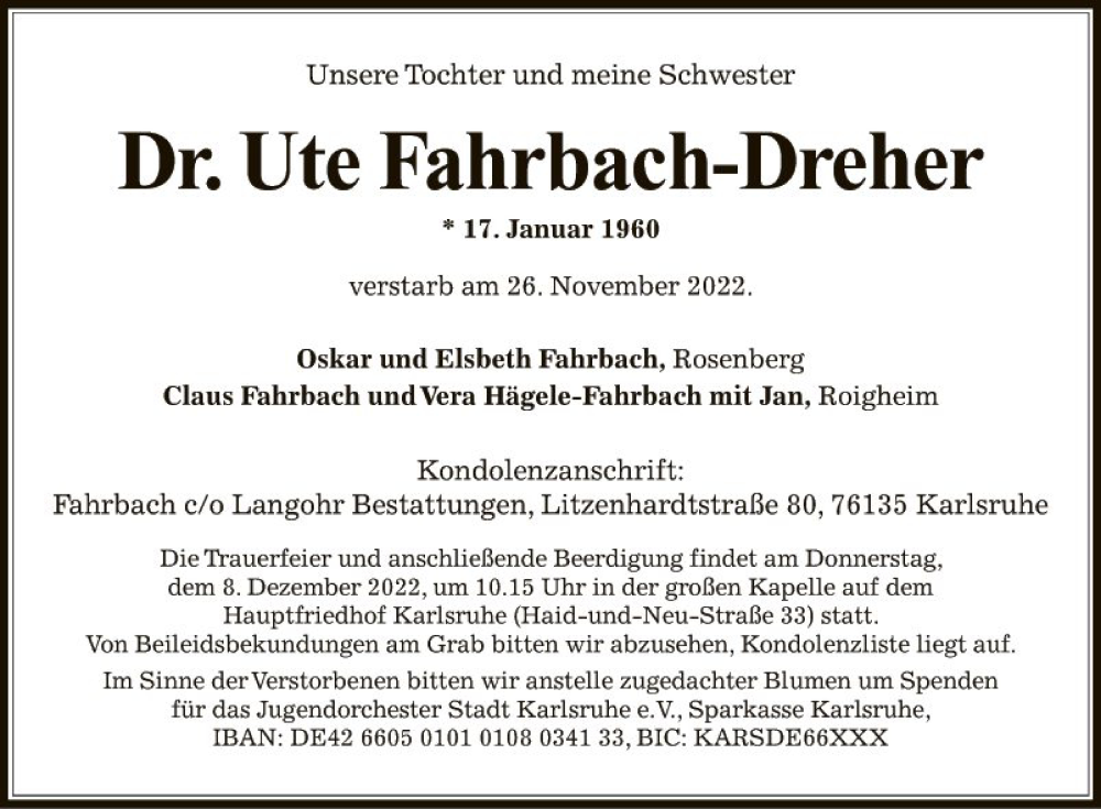  Traueranzeige für Ute Fahrbach-Dreher vom 06.12.2022 aus Fränkische Nachrichten