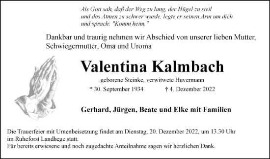 Traueranzeige von Valentina Kalmbach von Fränkische Nachrichten