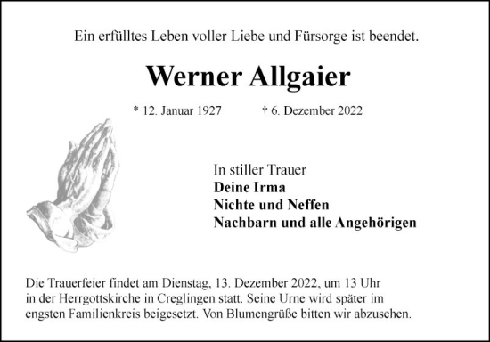 Traueranzeige von Werner Allgaier von Fränkische Nachrichten