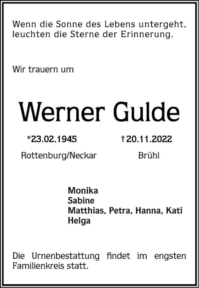  Traueranzeige für Werner Gulde vom 03.12.2022 aus Mannheimer Morgen
