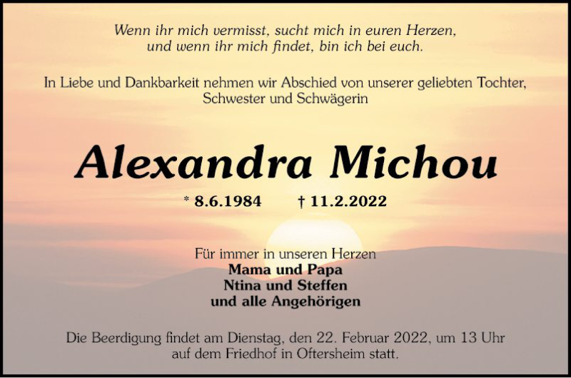  Traueranzeige für Alexandra Michou vom 19.02.2022 aus Schwetzinger Zeitung