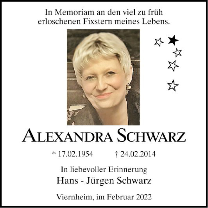  Traueranzeige für Alexandra Schwarz vom 24.02.2022 aus Mannheimer Morgen