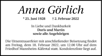 Traueranzeige von Anna Görlich von Mannheimer Morgen