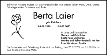 Traueranzeige von Berta Leier von Mannheimer Morgen