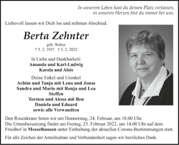 Traueranzeige von Berta Zehnter von Fränkische Nachrichten