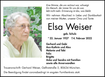 Traueranzeige von Elsa Weiser von Bergsträßer Anzeiger