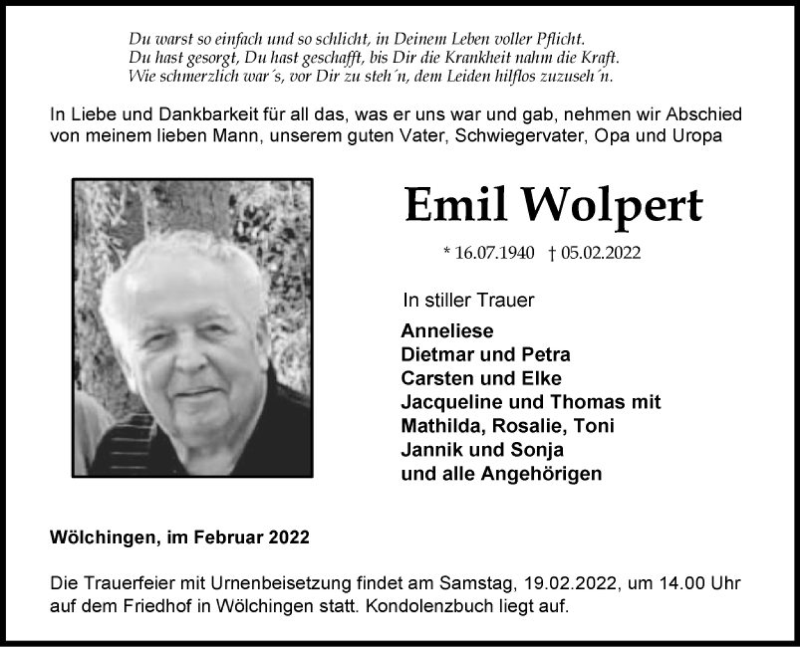  Traueranzeige für Emil Wolpert vom 16.02.2022 aus Fränkische Nachrichten
