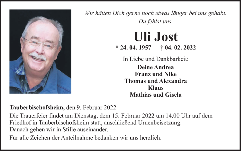  Traueranzeige für Uli Jost vom 09.02.2022 aus 