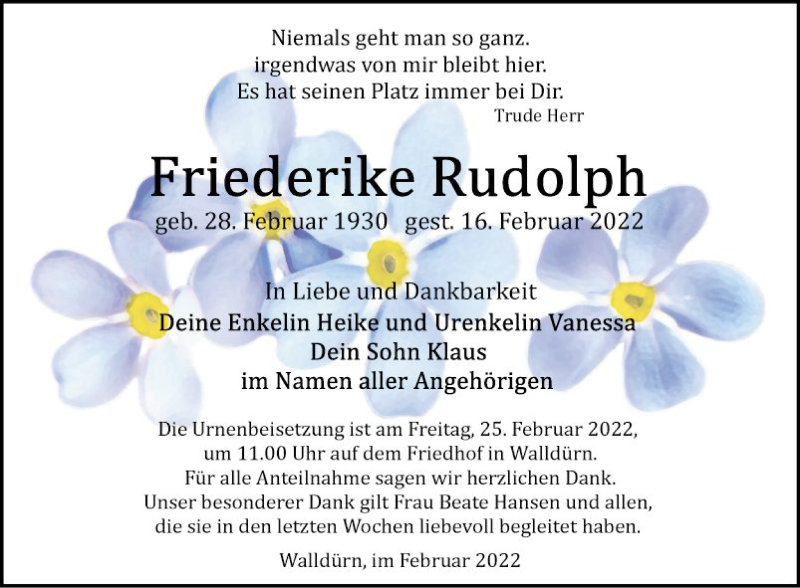  Traueranzeige für Friederike Rudolph vom 22.02.2022 aus Fränkische Nachrichten