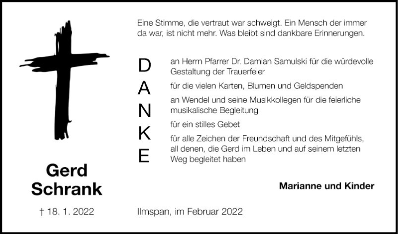  Traueranzeige für Gerd Schrank vom 05.02.2022 aus Fränkische Nachrichten