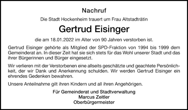  Traueranzeige für Gertrud Eisinger vom 02.02.2022 aus Schwetzinger Zeitung