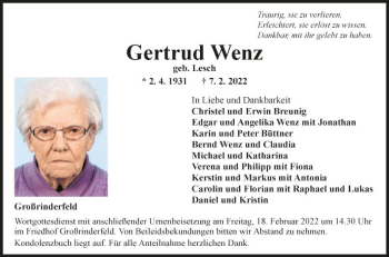 Traueranzeige von Gertrud Wenz von Fränkische Nachrichten