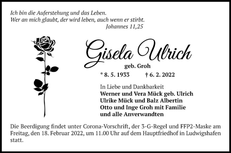  Traueranzeige für Gisela Ulrich vom 12.02.2022 aus Mannheimer Morgen