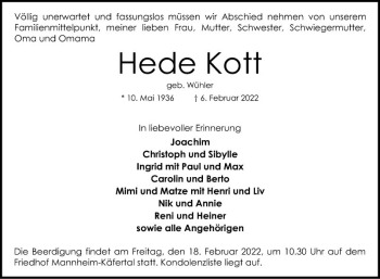 Traueranzeige von Hede Kott von Mannheimer Morgen